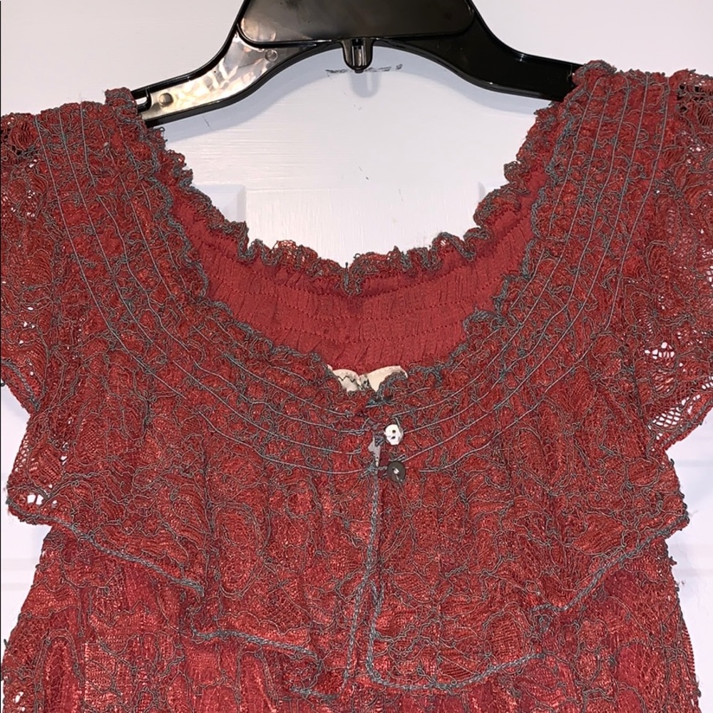 Mixture Lace Blouse Large Rust Orange Boho Off Shoulder Ruffle Top Feminine Chic - Picture 2 of 4
